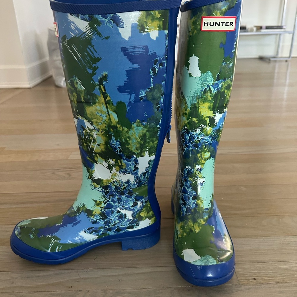 Hunter Blue, Green & White Painterly Rain Boots